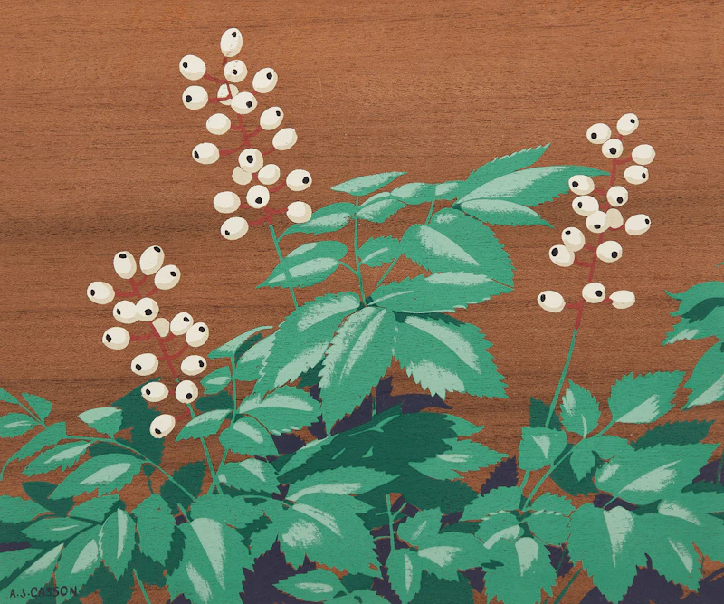 Alfred Joseph Casson, Ladyslipper Orchids; Marsh Marigolds; Round Lobed Hepatica; Trilliums; Early Wild Rose; Snowberries, six silkscreens on wood veneer - view 16