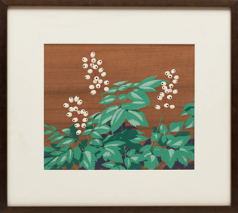 Alfred Joseph Casson, Ladyslipper Orchids; Marsh Marigolds; Round Lobed Hepatica; Trilliums; Early Wild Rose; Snowberries, six silkscreens on wood veneer - view 17