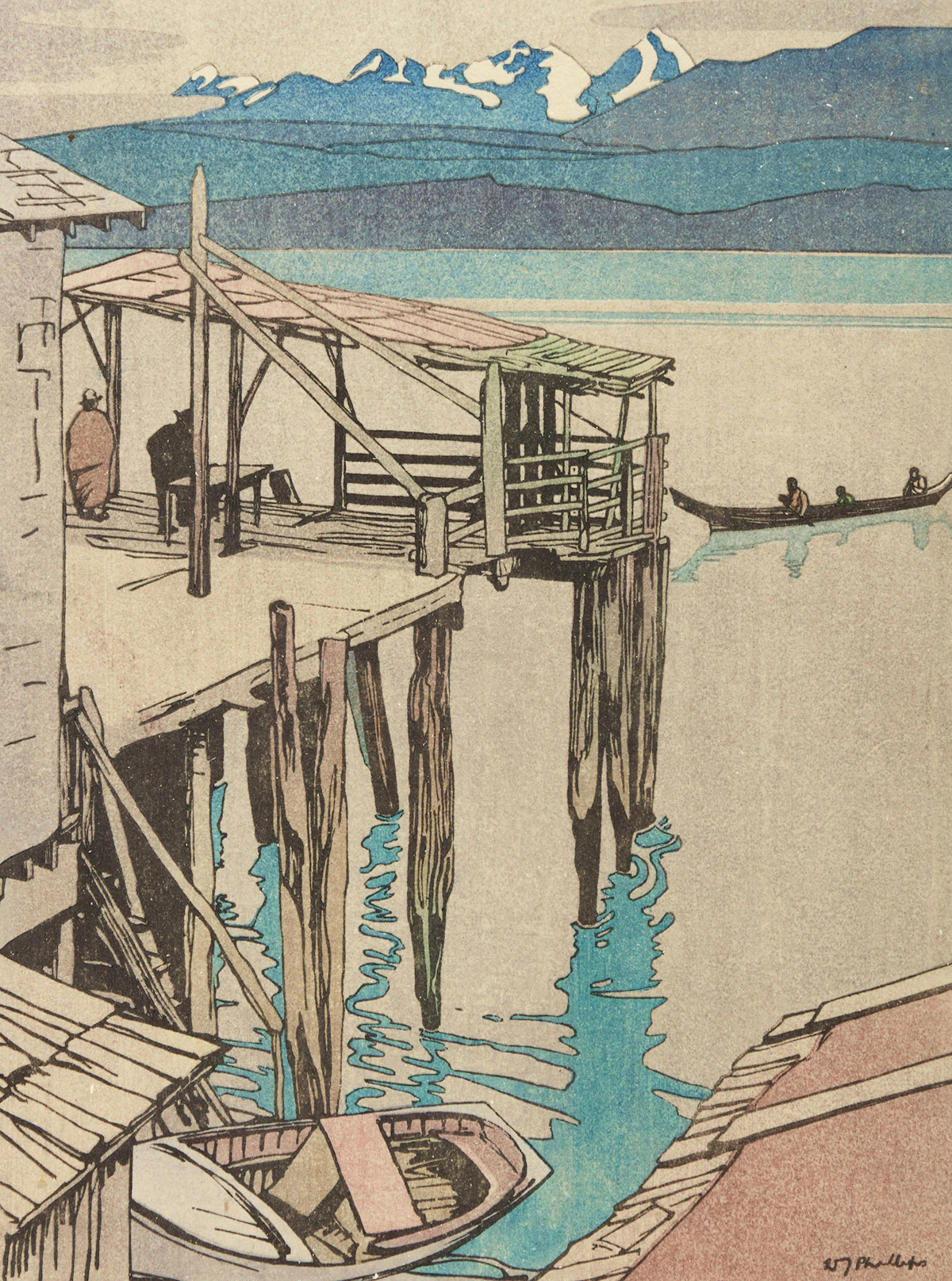 Walter Joseph Phillips, Jim King's Wharf, Alert Bay, B.C., woodcut in colours