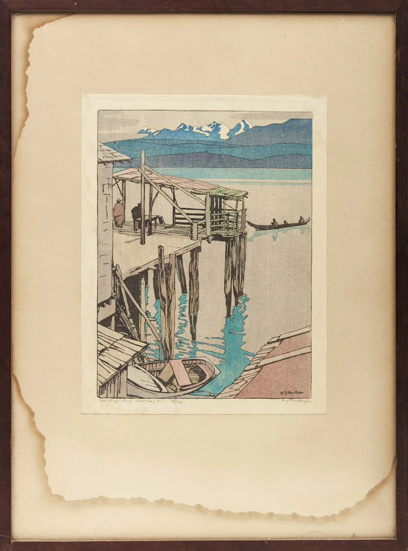 Walter Joseph Phillips, Jim King's Wharf, Alert Bay, B.C., woodcut in colours - view 2
