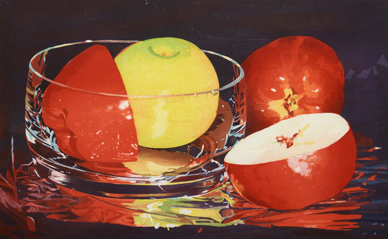 Mary Pratt, B.C. Delicious, woodcut in colours