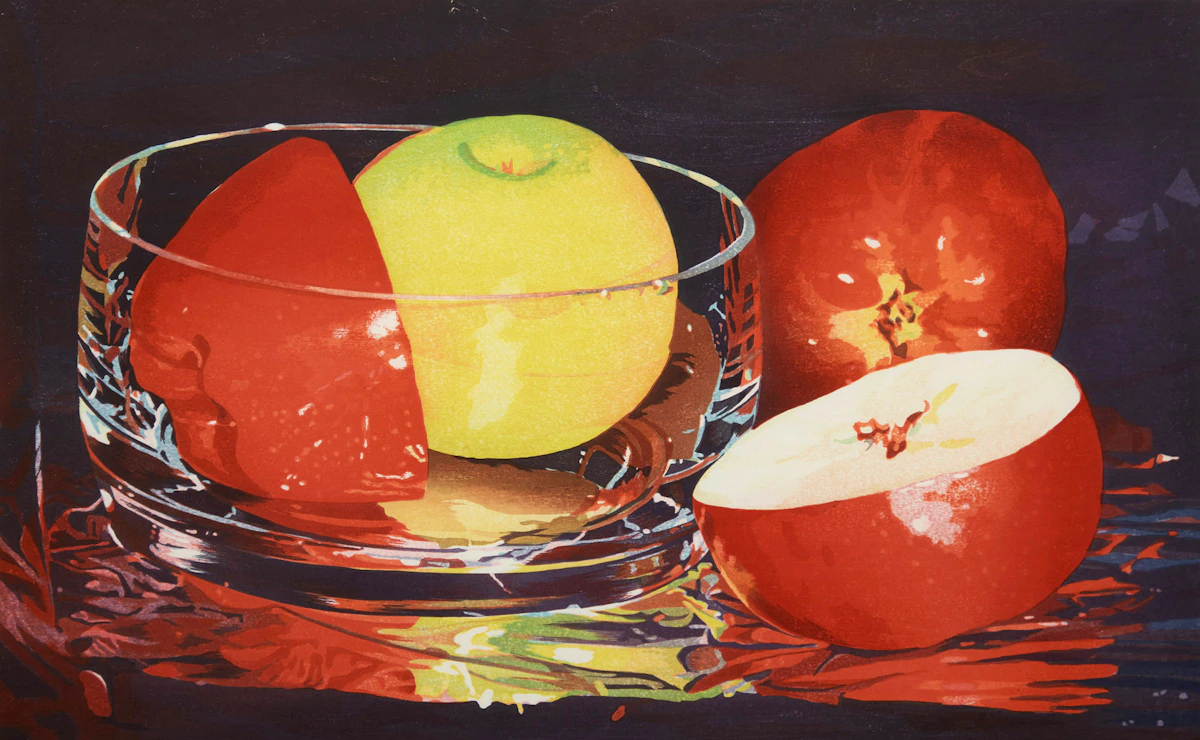 Mary Pratt, B.C. Delicious, woodcut in colours, 1994