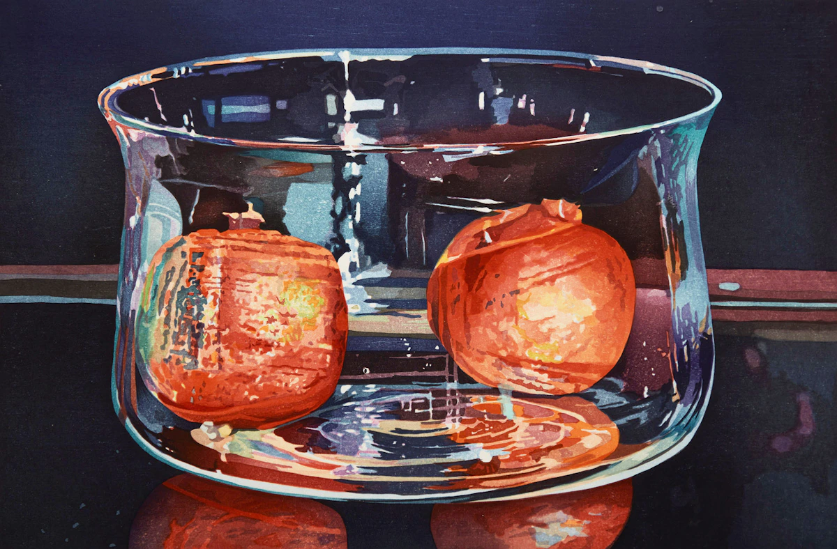 Mary Pratt, Pomegranates In A Dark Room, woodcut in colours, 1997
