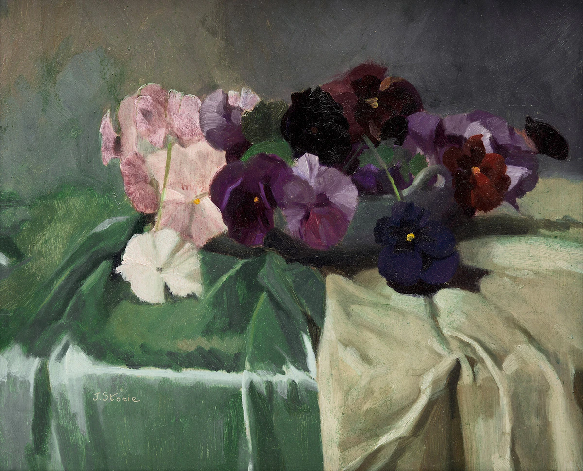 Josie Storie, Untitled (Purple Pansies), oil on board