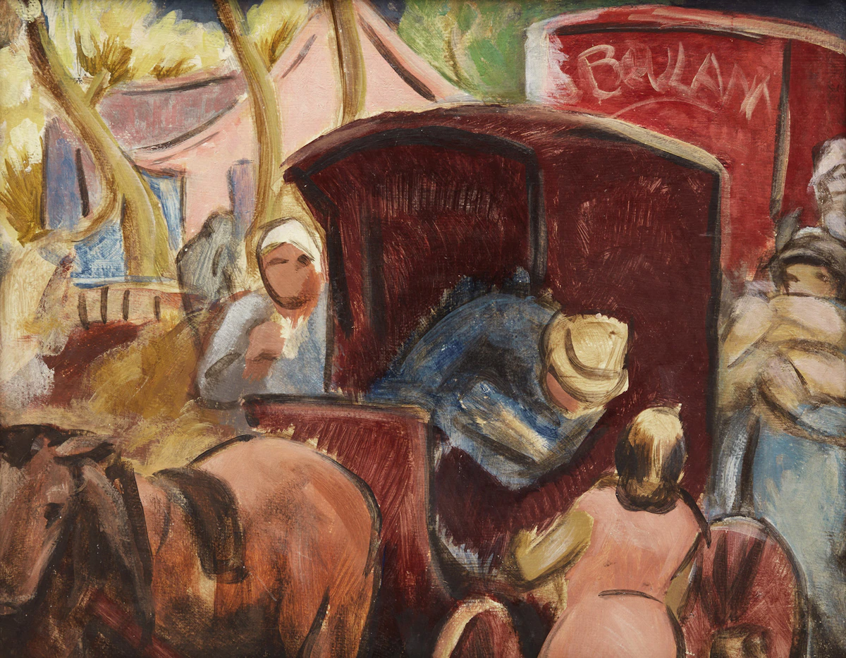 André Charles Biéler, Figures at a Carriage, c.1960, oil on board, circa 1960