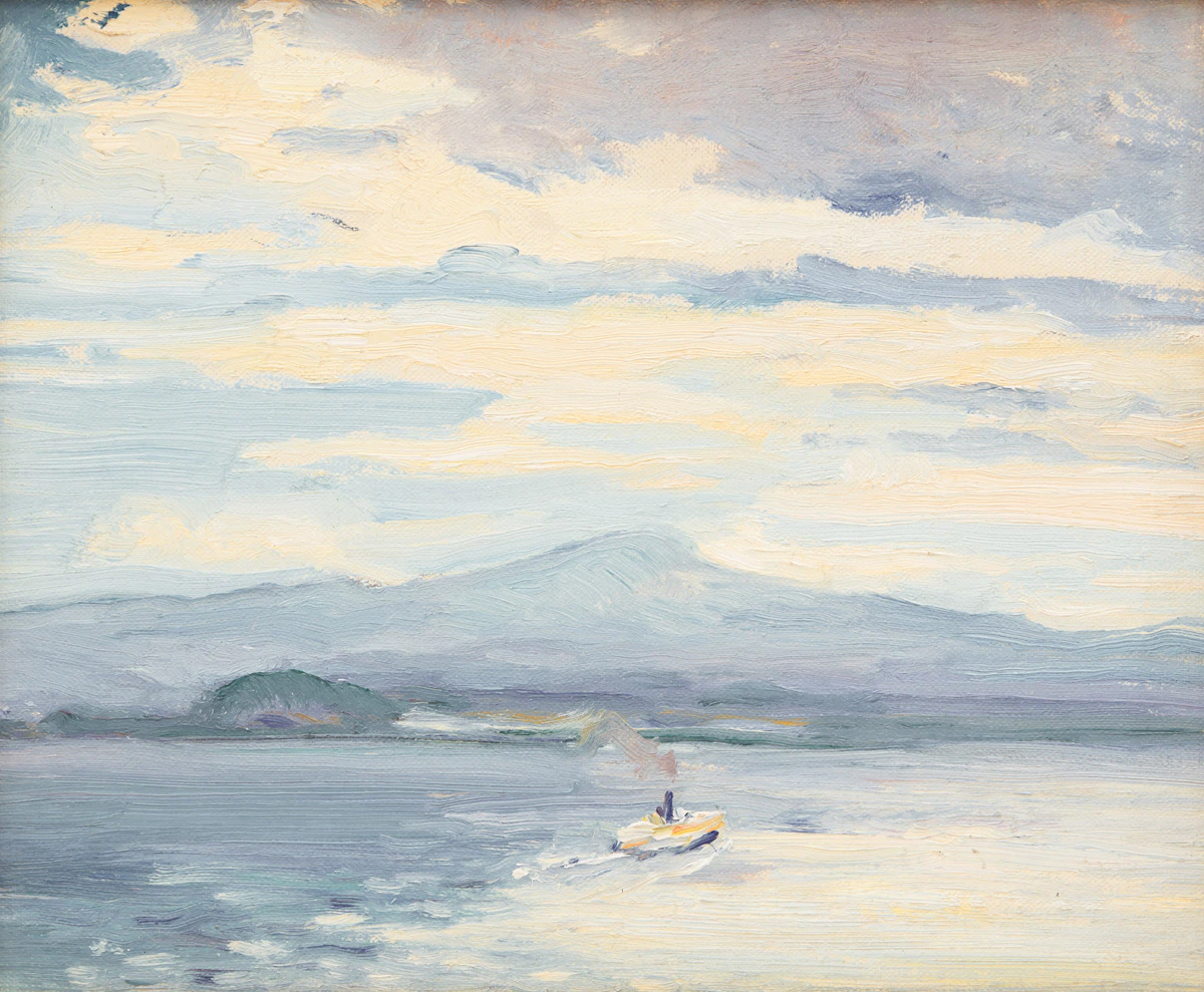 George Paginton, Steamboat in the St. Lawrence, oil on canvas board