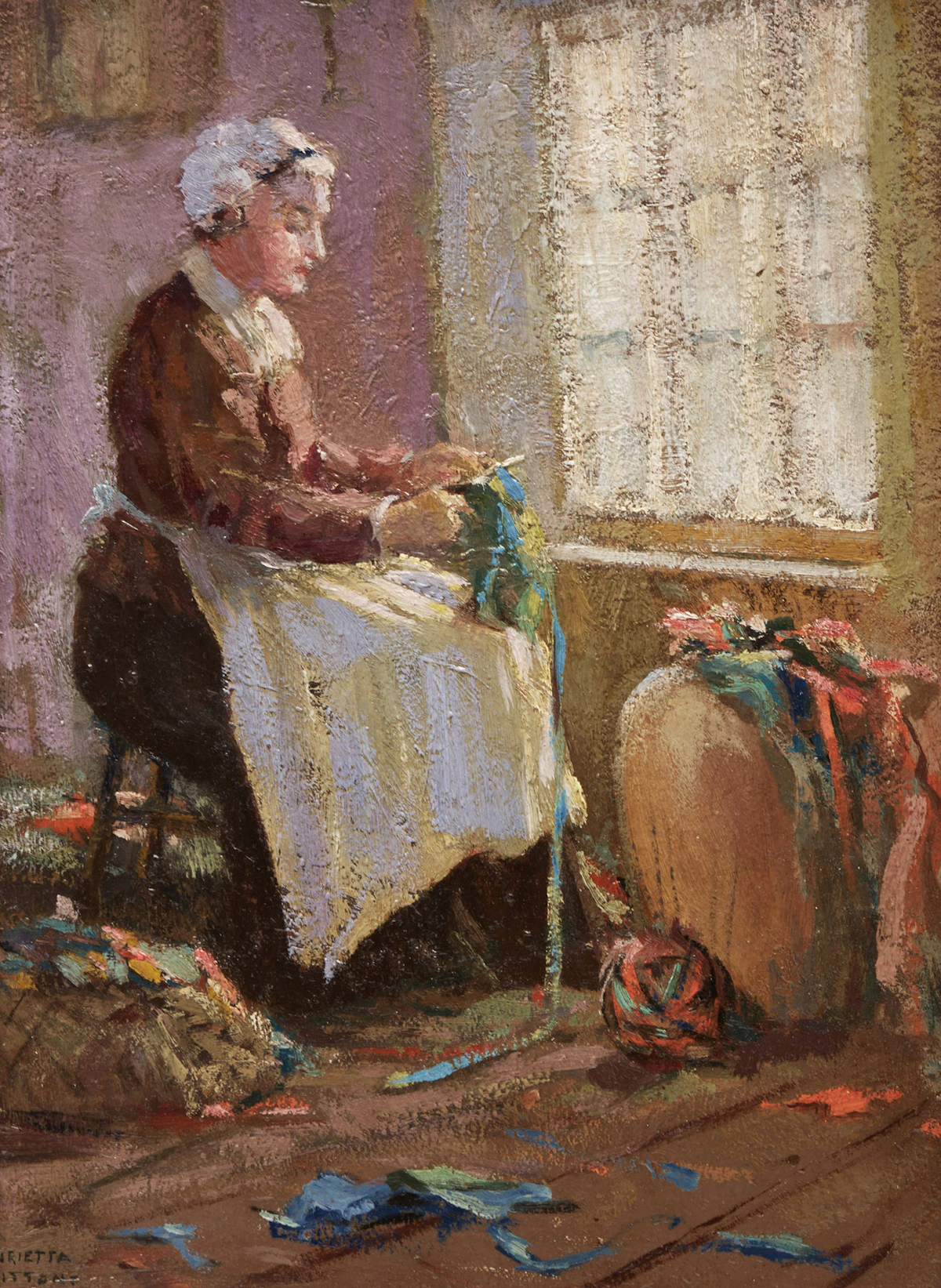 Henrietta H. Britton, Cutting Carpet Rags, oil on board