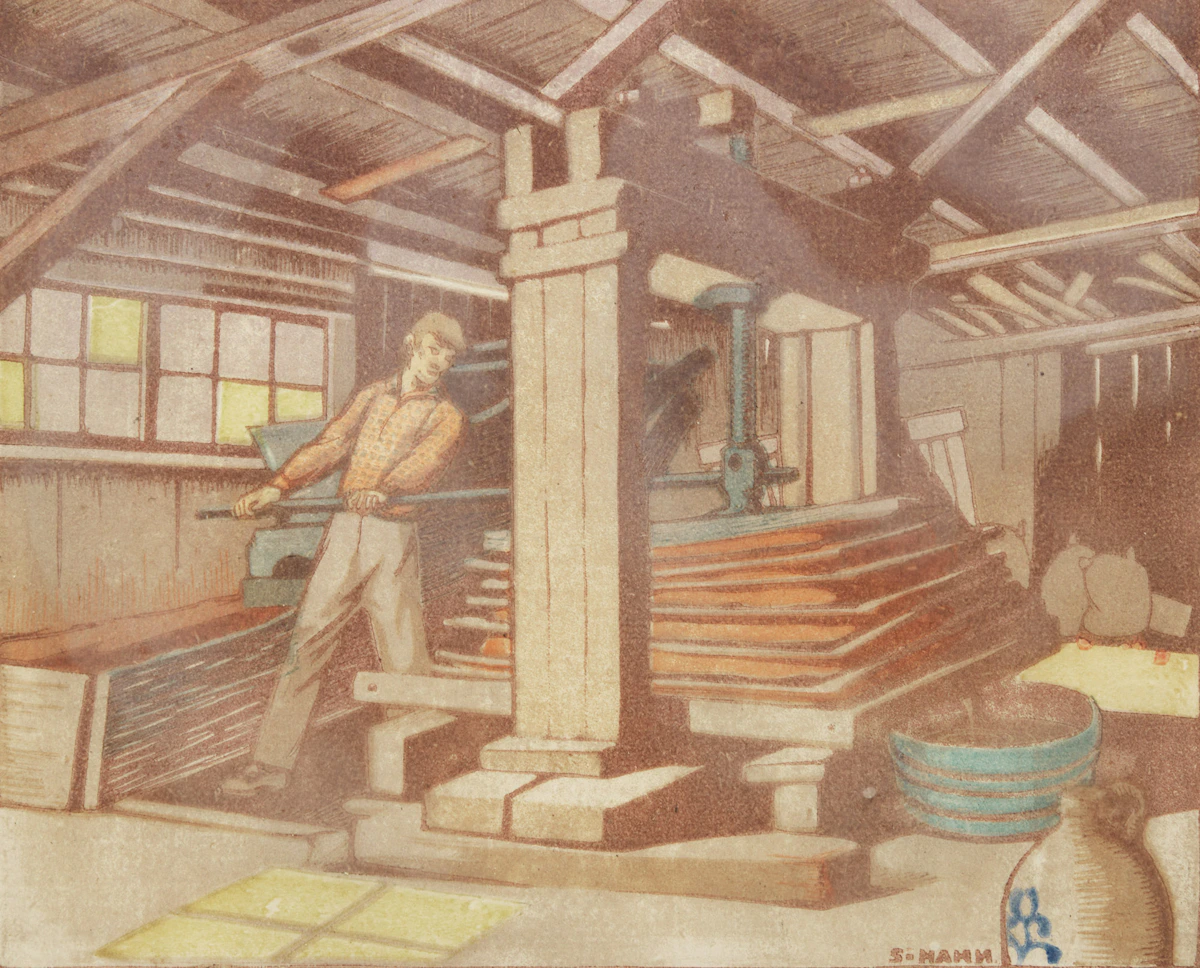 Sylvia Hahn, The Cider Mill, colour woodcut, 1948