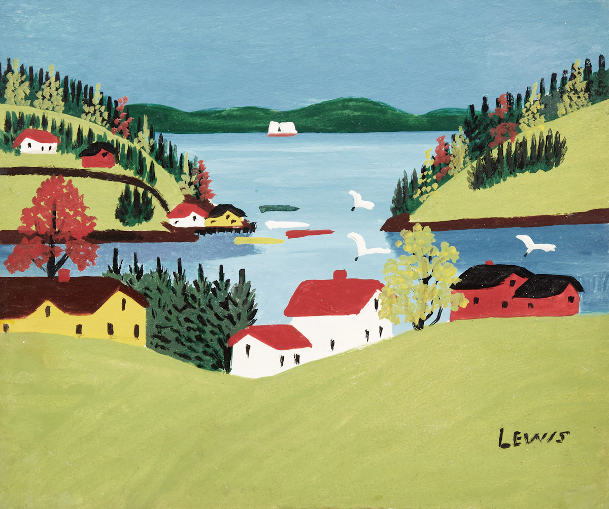 Maud Lewis, Sandy Cove along Digby Neck, mixed media on board