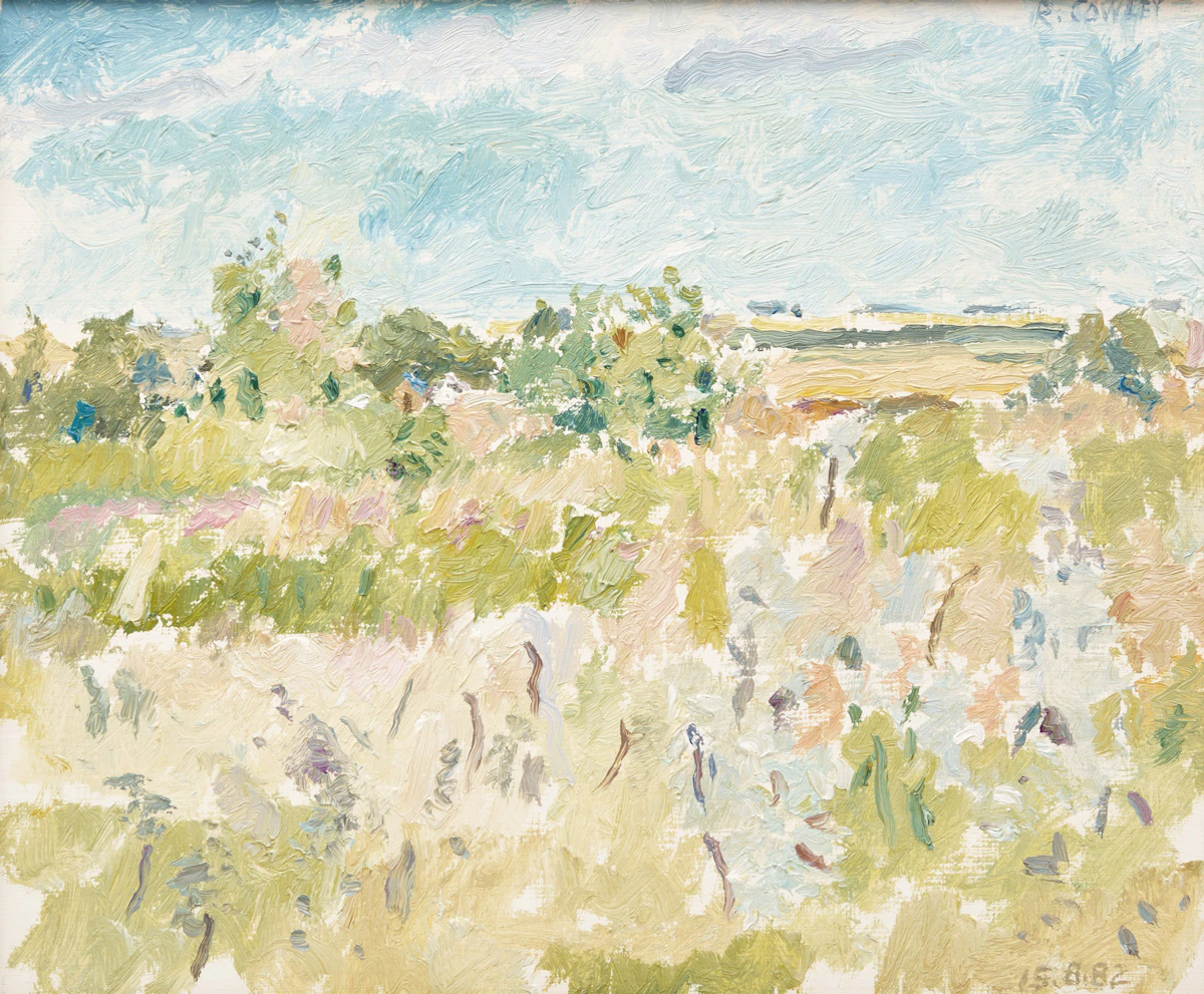Reta Cowley, Friesian Pasture (sic); Bales and Birds, two oils on board