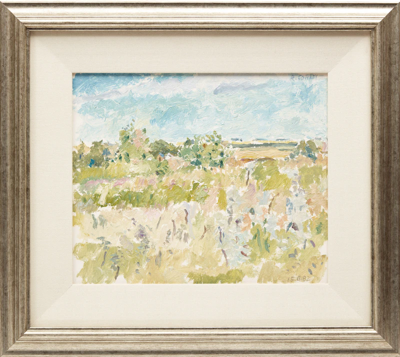 Reta Cowley, Friesian Pasture (sic); Bales and Birds, two oils on board - view 2