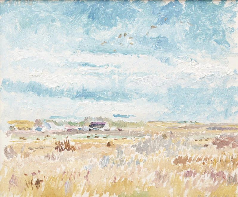 Reta Cowley, Friesian Pasture (sic); Bales and Birds, two oils on board - view 4