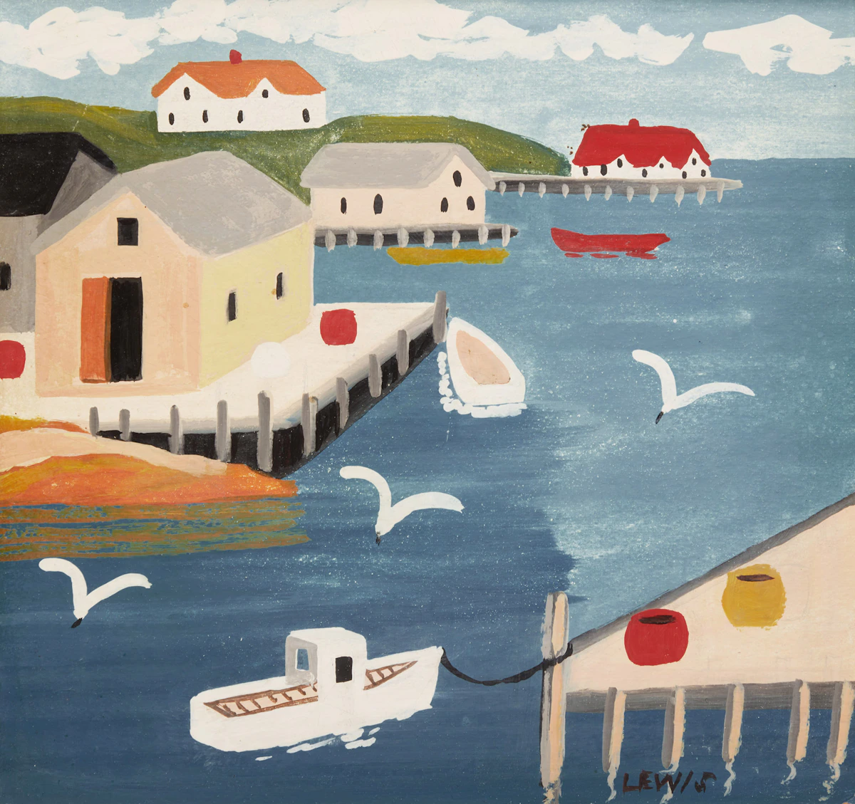 Maud Lewis, Harbour Scene, c.1960, mixed media on board, circa 1960