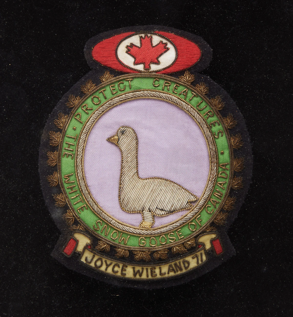 Joyce Wieland, The White Snow Goose of Canada, embroidery floss crest, 1971