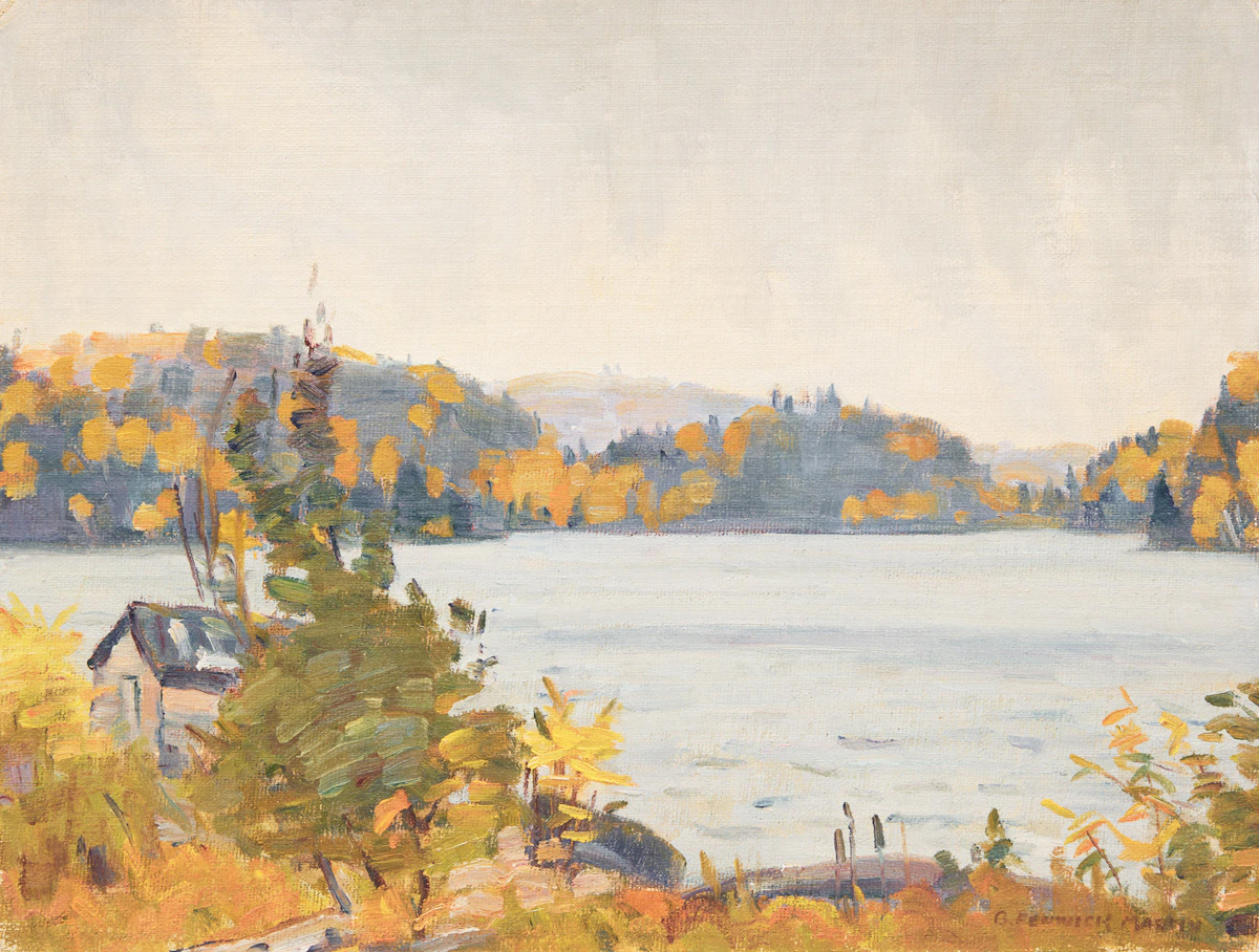 Bernice Fenwick Martin, Rain over Jameson Lake, Bancroft, oil on canvas laid down on board