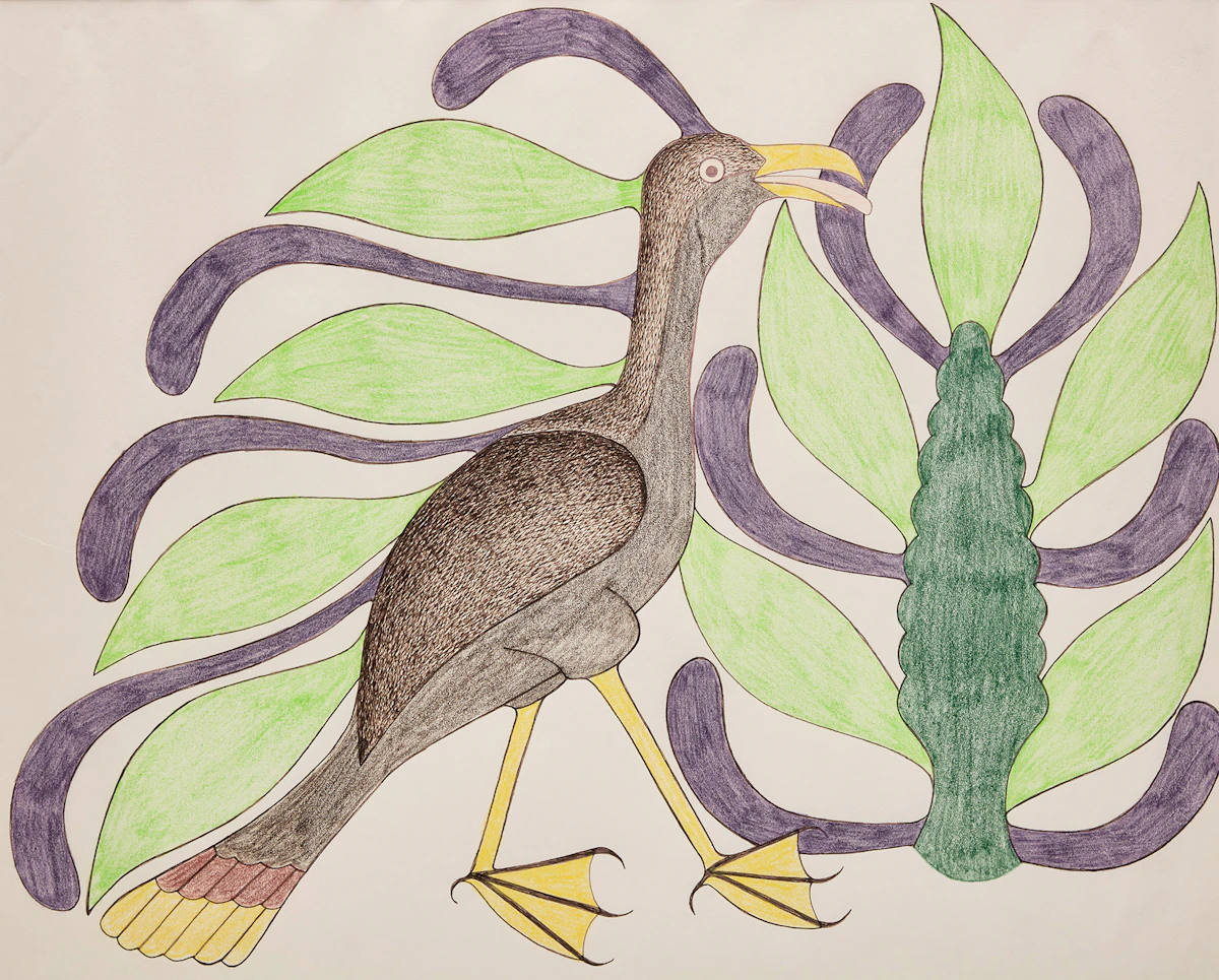 Kenojuak Ashevak, Untitled (Walking Bird), felt tip pen and coloured pencil