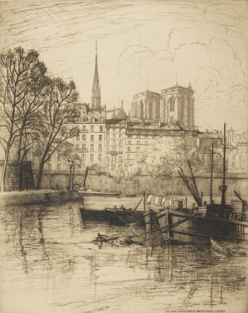 Caroline Helena Armington, Le Quai aux Fleurs et Notre Dame de Paris, etching