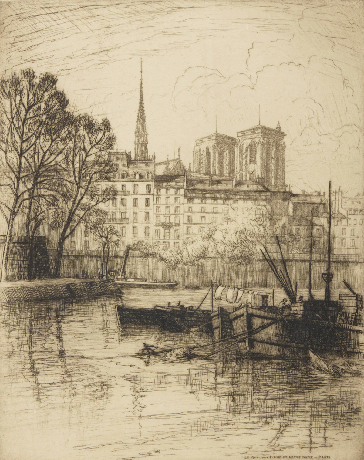Caroline Helena Armington, Le Quai aux Fleurs et Notre Dame de Paris, etching