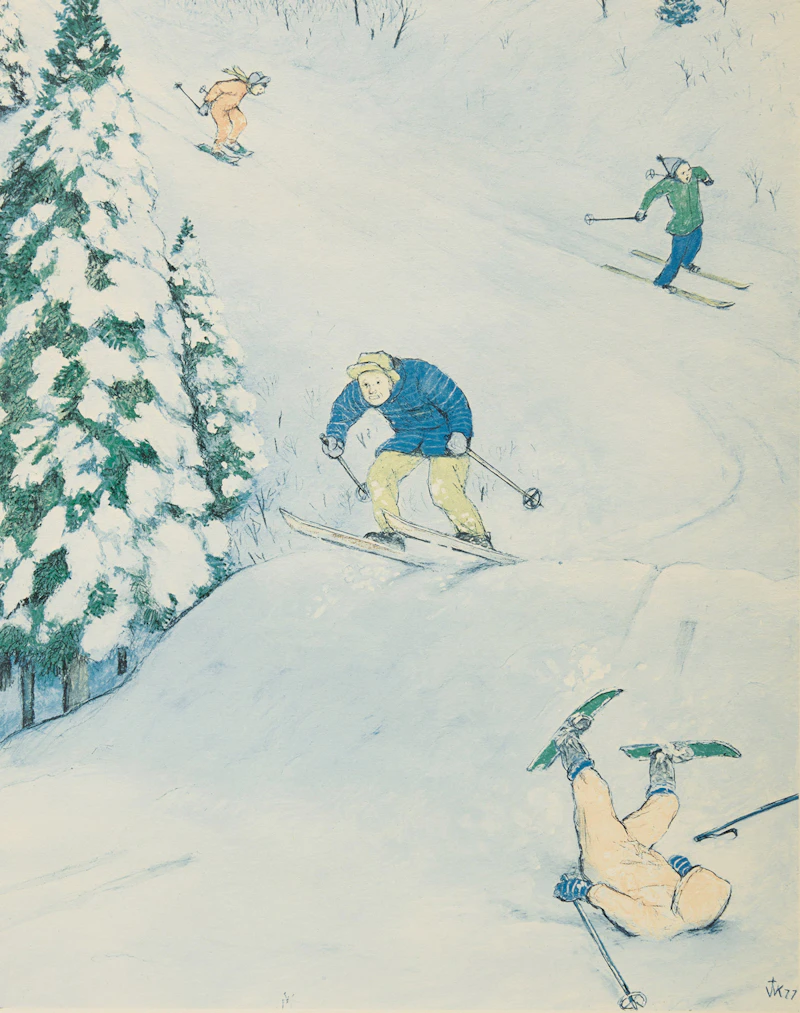 William Kurelek, Skiing; Tobogganing; The Last Putt; Hunting, four colour photolithographs