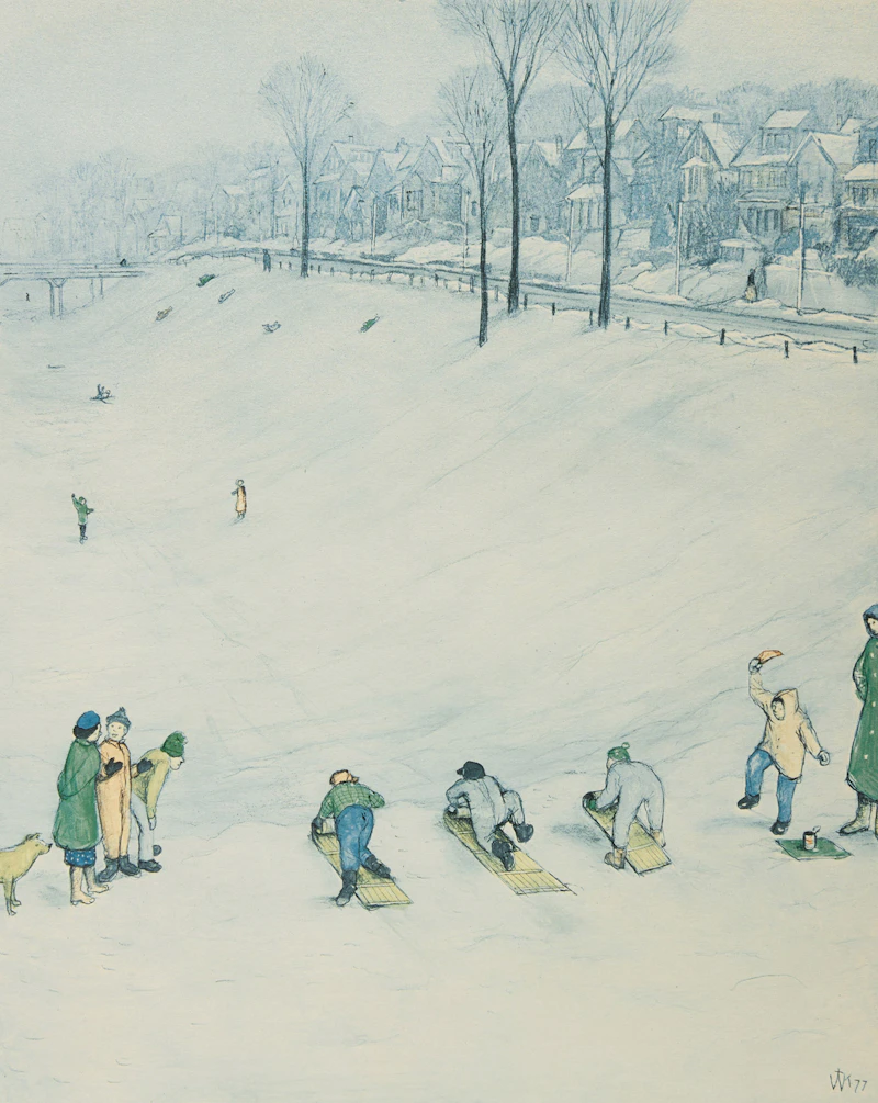 William Kurelek, Skiing; Tobogganing; The Last Putt; Hunting, four colour photolithographs - view 4
