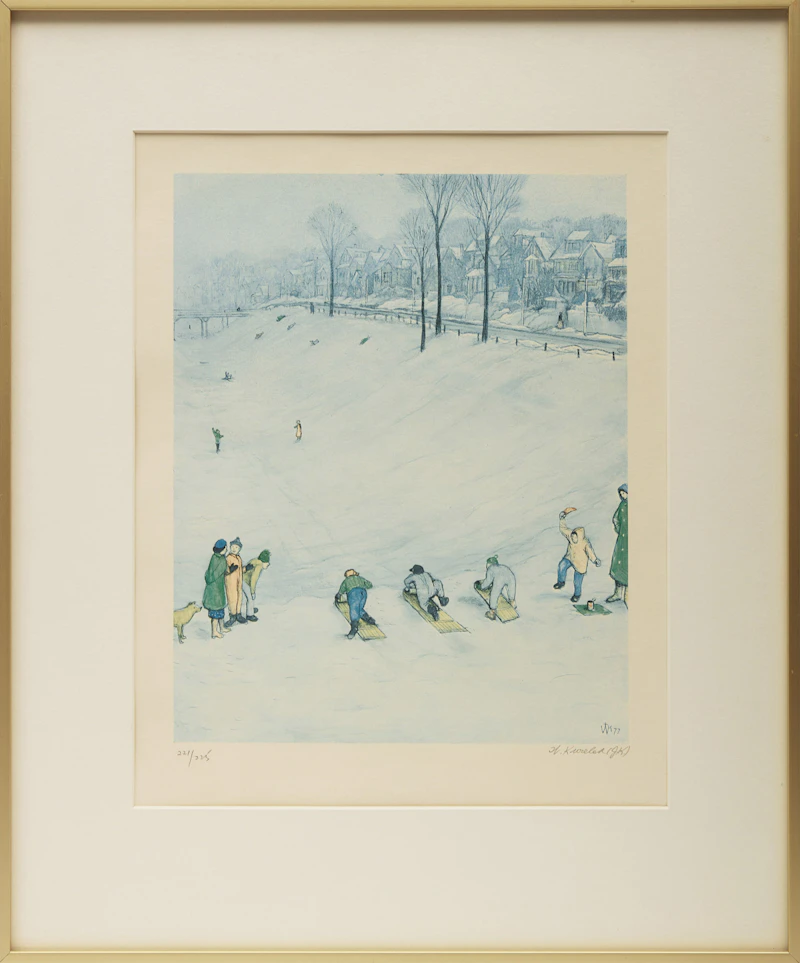William Kurelek, Skiing; Tobogganing; The Last Putt; Hunting, four colour photolithographs - view 5