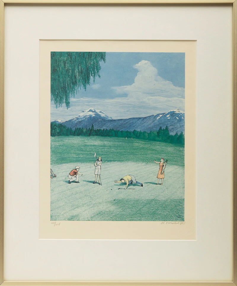 William Kurelek, Skiing; Tobogganing; The Last Putt; Hunting, four colour photolithographs - view 8