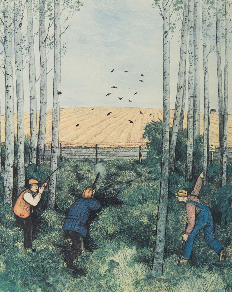William Kurelek, Skiing; Tobogganing; The Last Putt; Hunting, four colour photolithographs - view 10