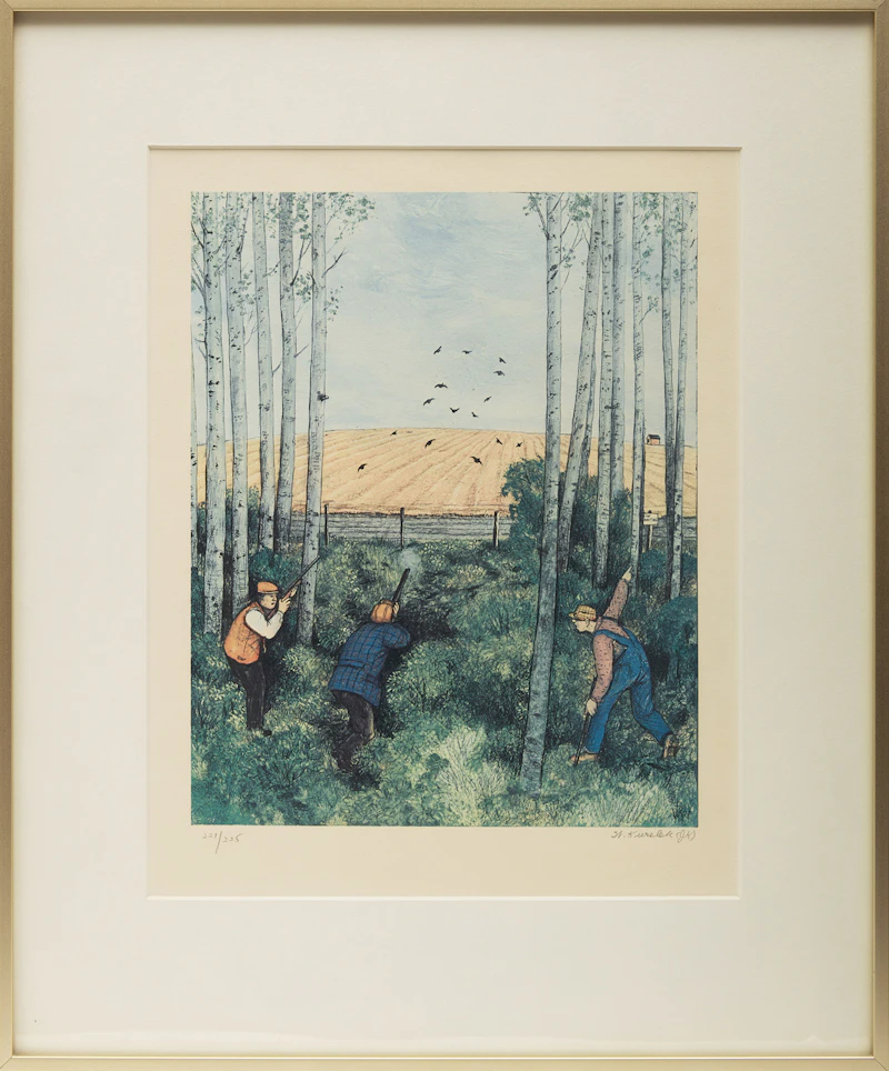 William Kurelek, Skiing; Tobogganing; The Last Putt; Hunting, four colour photolithographs - view 11