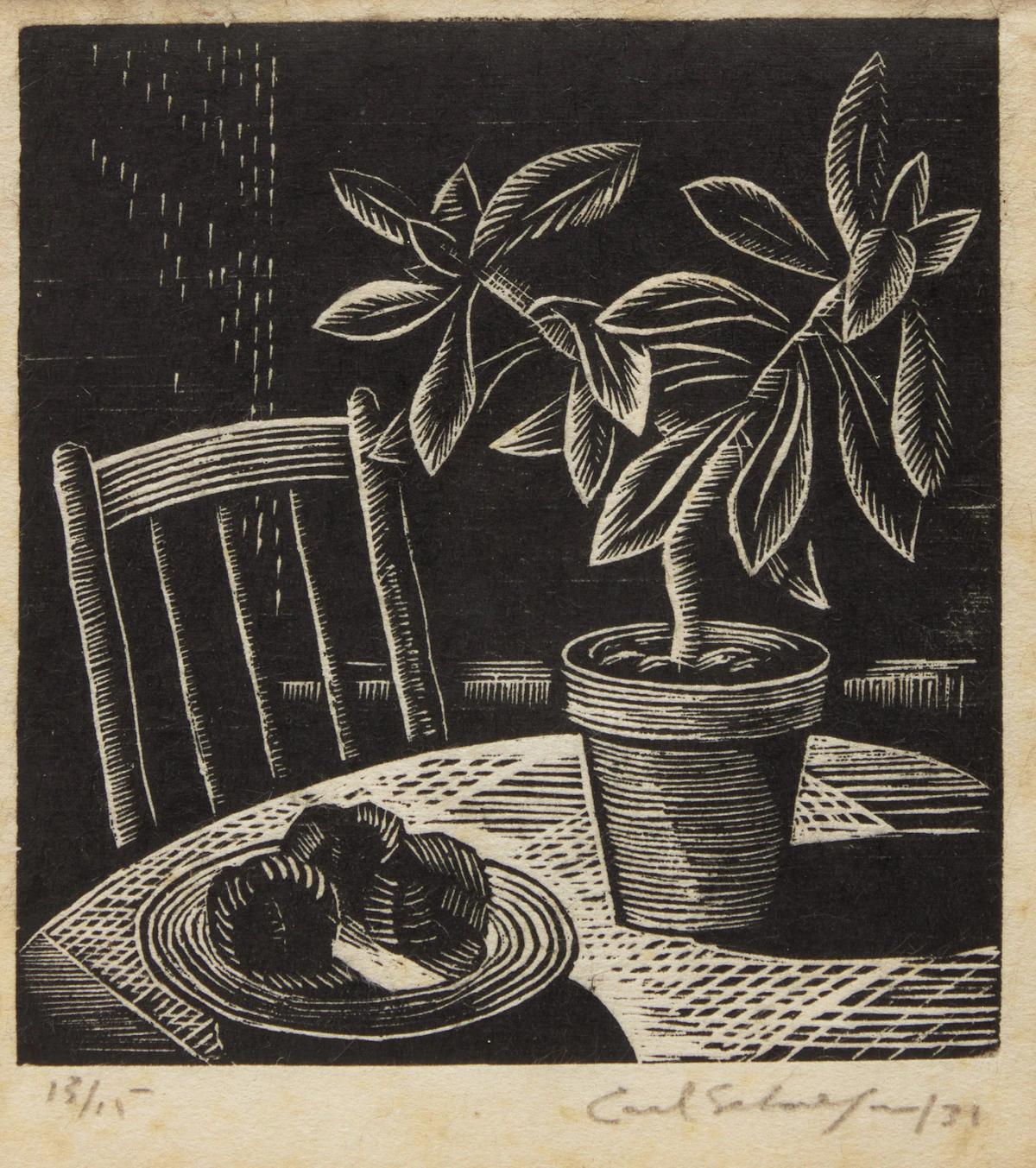 Carl Fellman Schaefer, Rubber Plant, woodcut, 1931