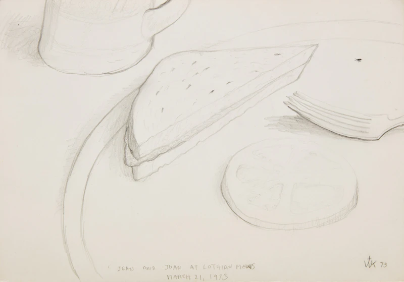William Kurelek, Jean and Joan at Lothian Mews, charcoal drawing on an exhibition invitation