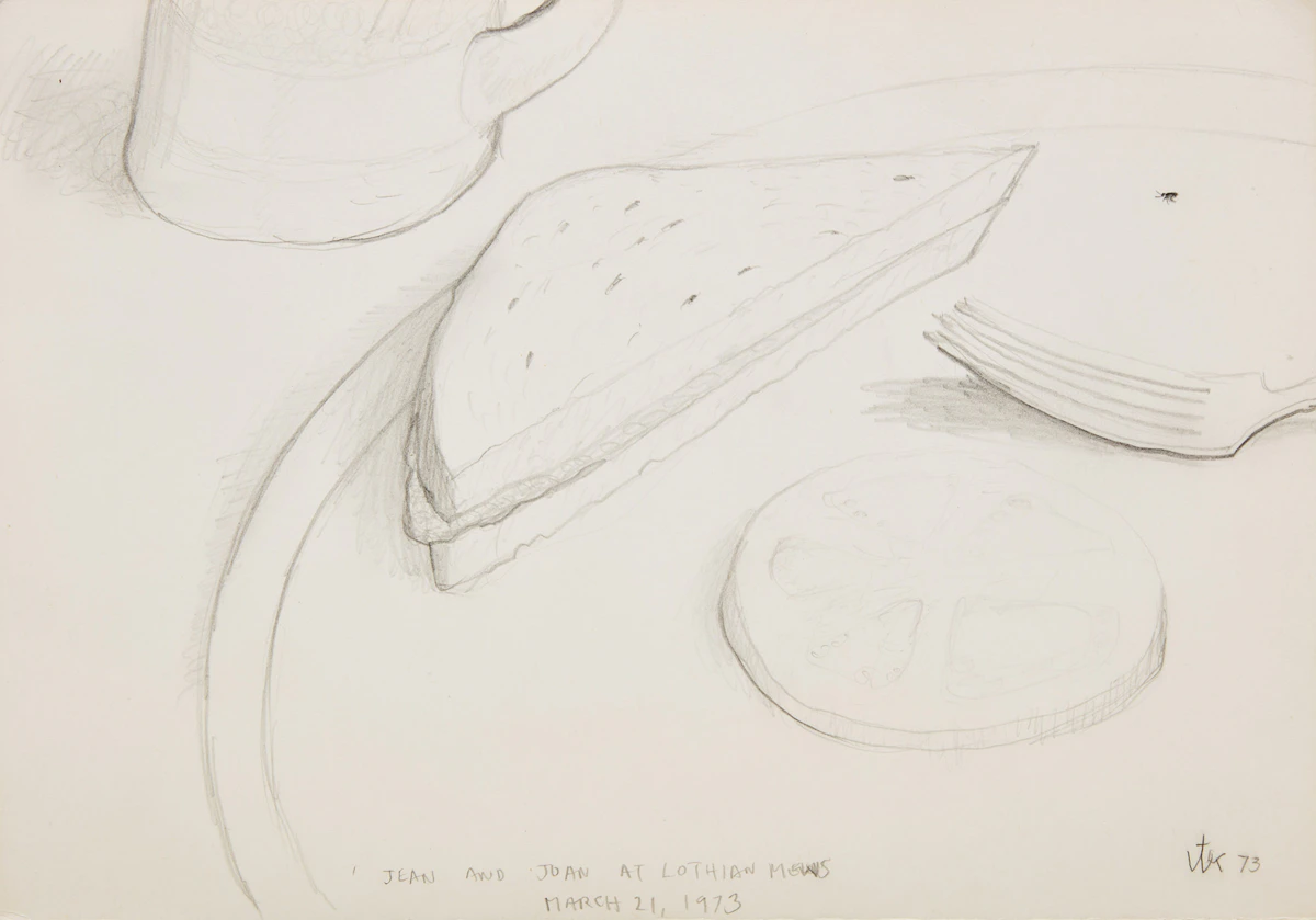 William Kurelek, Jean and Joan at Lothian Mews, charcoal drawing on an exhibition invitation, 1973