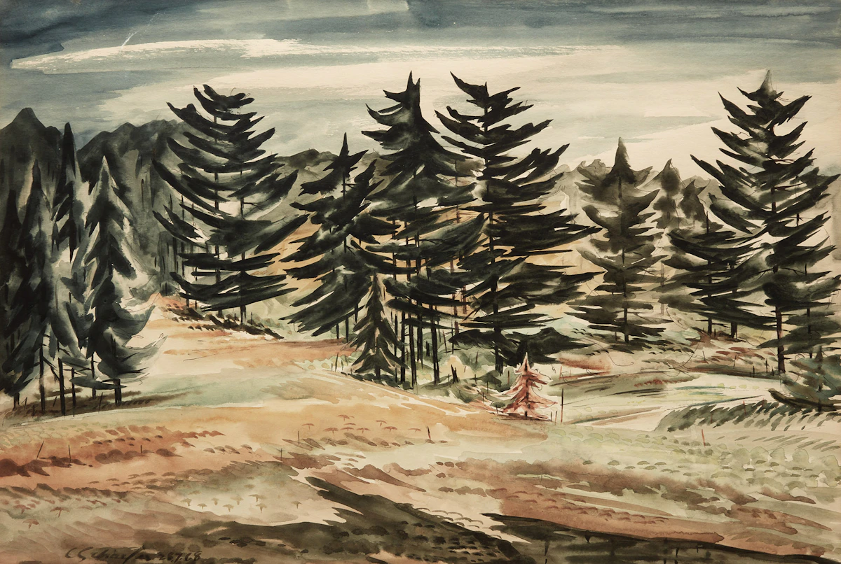 Carl Fellman Schaefer, Pinnacle Hill Woods, Waterloo County, watercolour, 1968