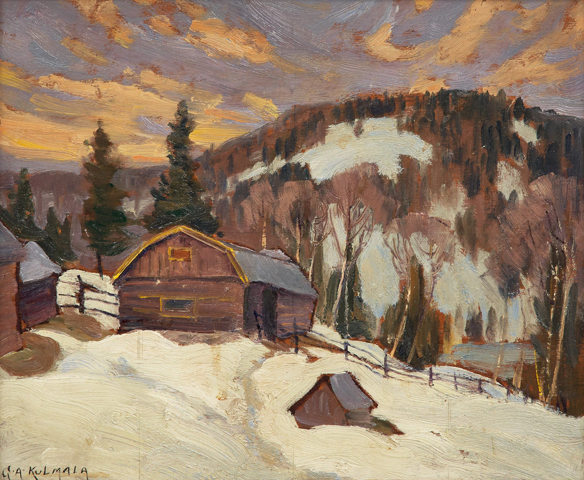 George Arthur Kulmala, The Log Barn, oil on board