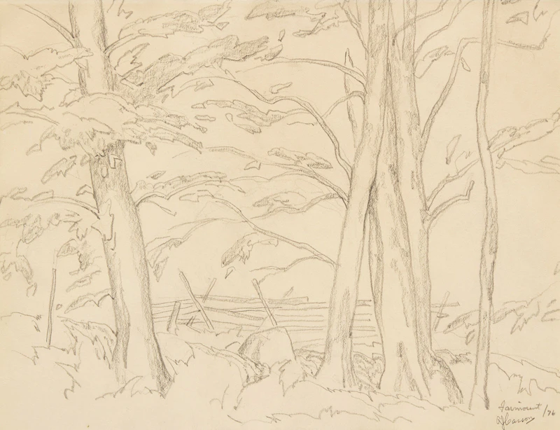 Alfred Joseph Casson, Old Snake Fence - Fairmount, pencil drawing