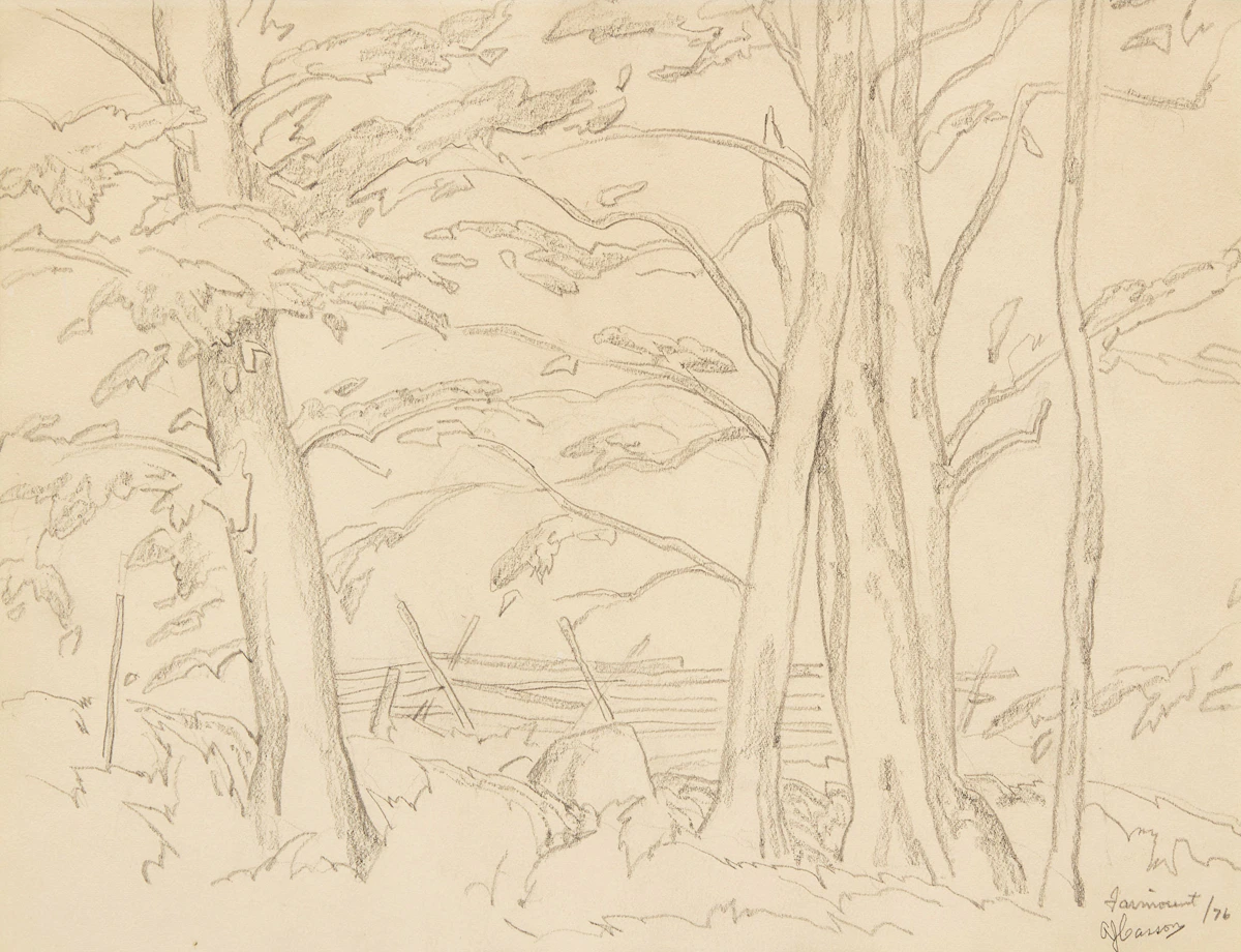 Alfred Joseph Casson, Old Snake Fence - Fairmount, pencil drawing, 1976