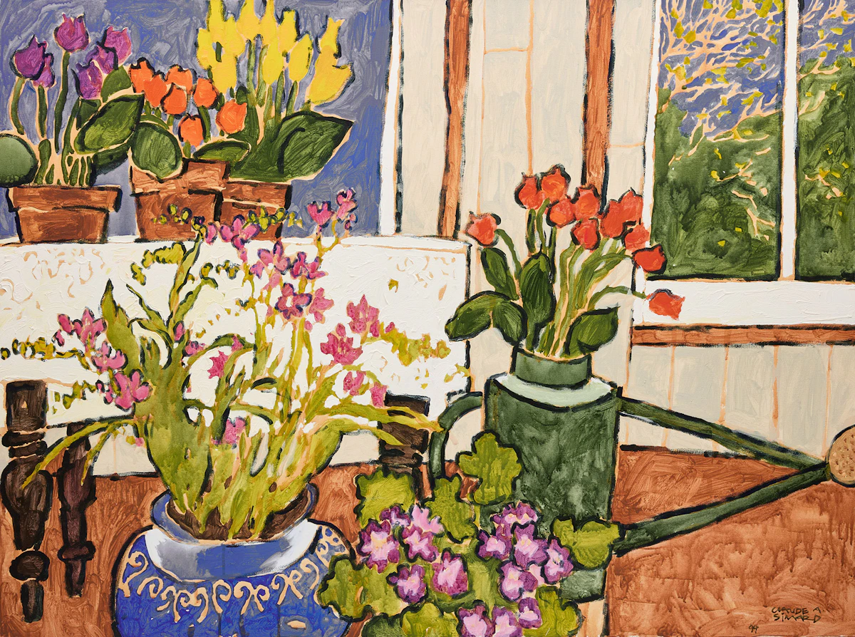 Claude A. Simard, Still Life with Freesias, acrylic on canvas, 1994