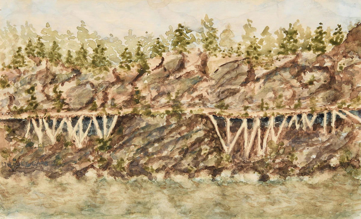 Emily Carr, British Columbia Landscape with Train Trestle, circa 1905-1909, watercolour, circa 1905