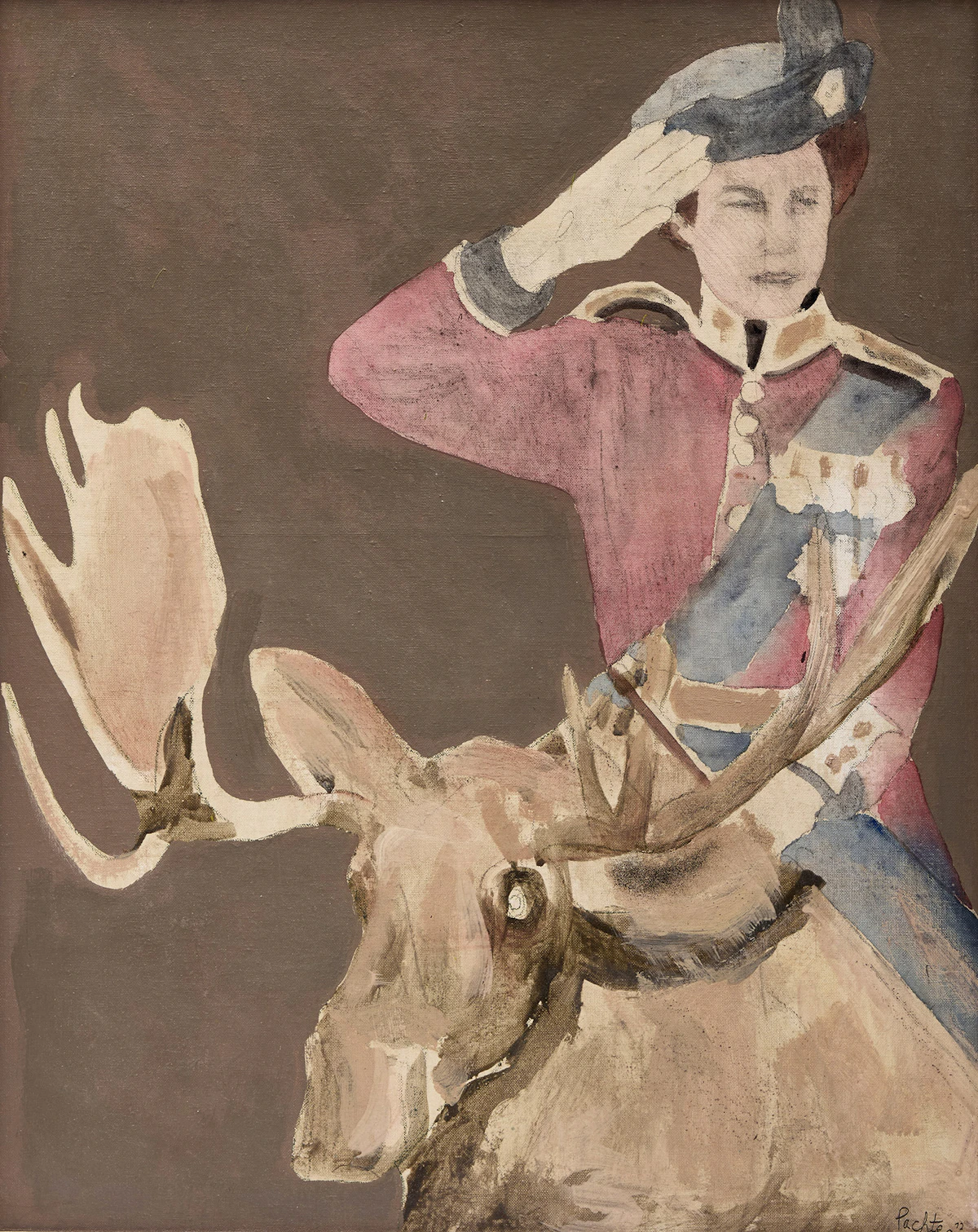 Charles Pachter, Noblesse Oblige (Queen on Moose), acrylic and pencil on canvas board, 1972