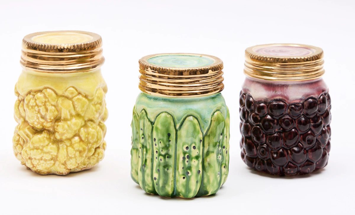 Victor Cicansky, Three Half Gallons: Dills, Blueberries and Cauliflowers, three painted and glazed ceramics
