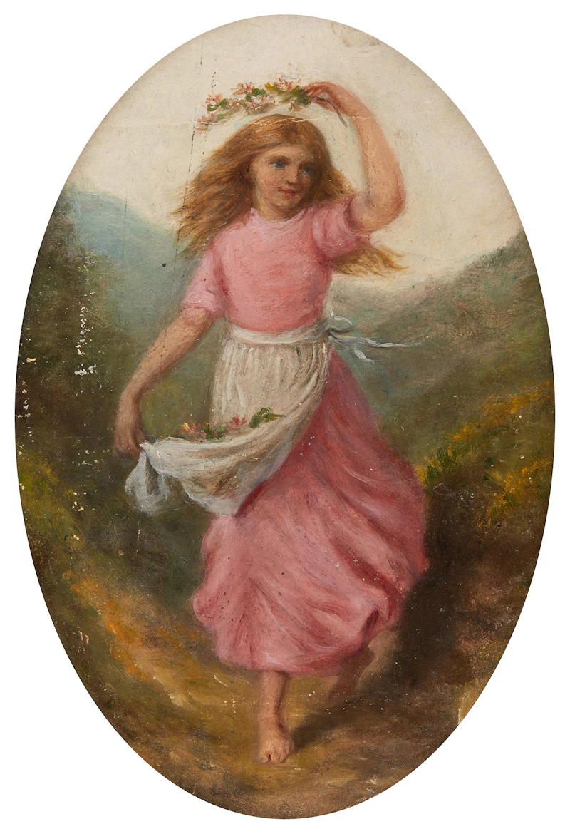 Charlotte Mount Brock Schreiber, Dancing Maiden; Young Girl Picking Flowers, two oils on paper