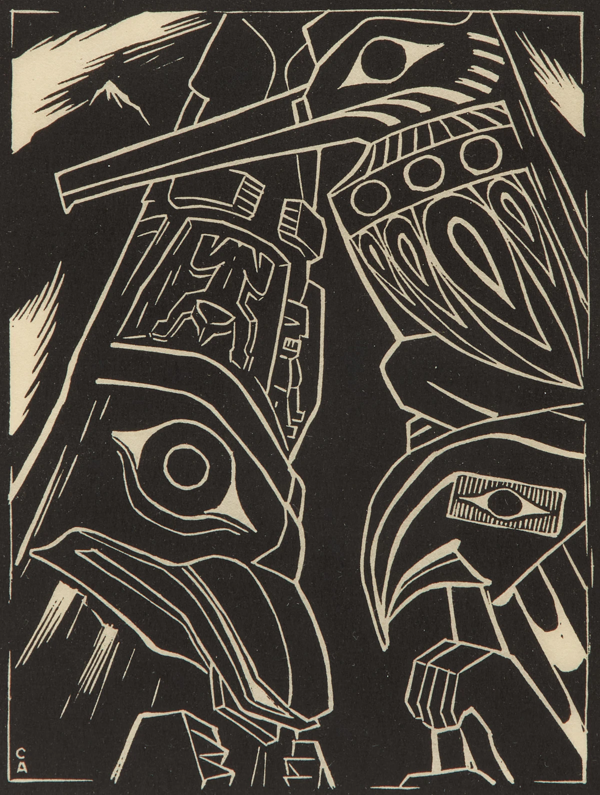 Ernest Caven Atkins, Totems, linocut, 1932