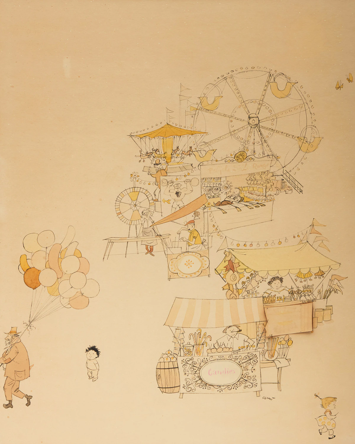 Oscar Cahén, At the Fair, ink, 1954