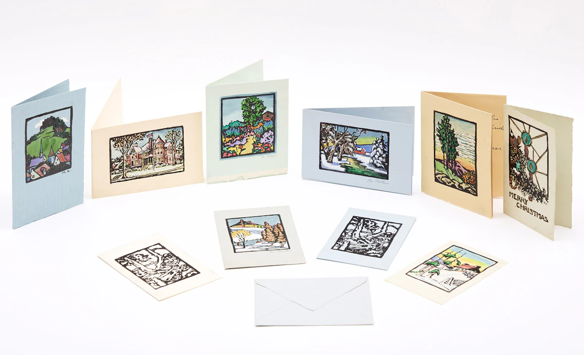Muriel Stark, Assorted Cards, Prints & Originals, one ink and watercolour drawing; nine prints (seven with hand colouring and one pencil), 1948