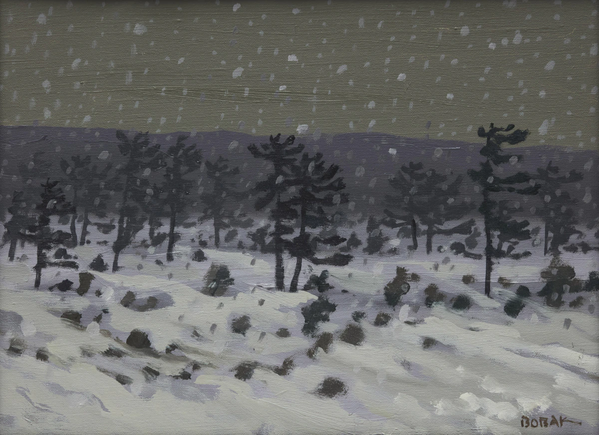 Bruno Joseph Bobak, Snow Falling on Tamaracks, oil on canvas