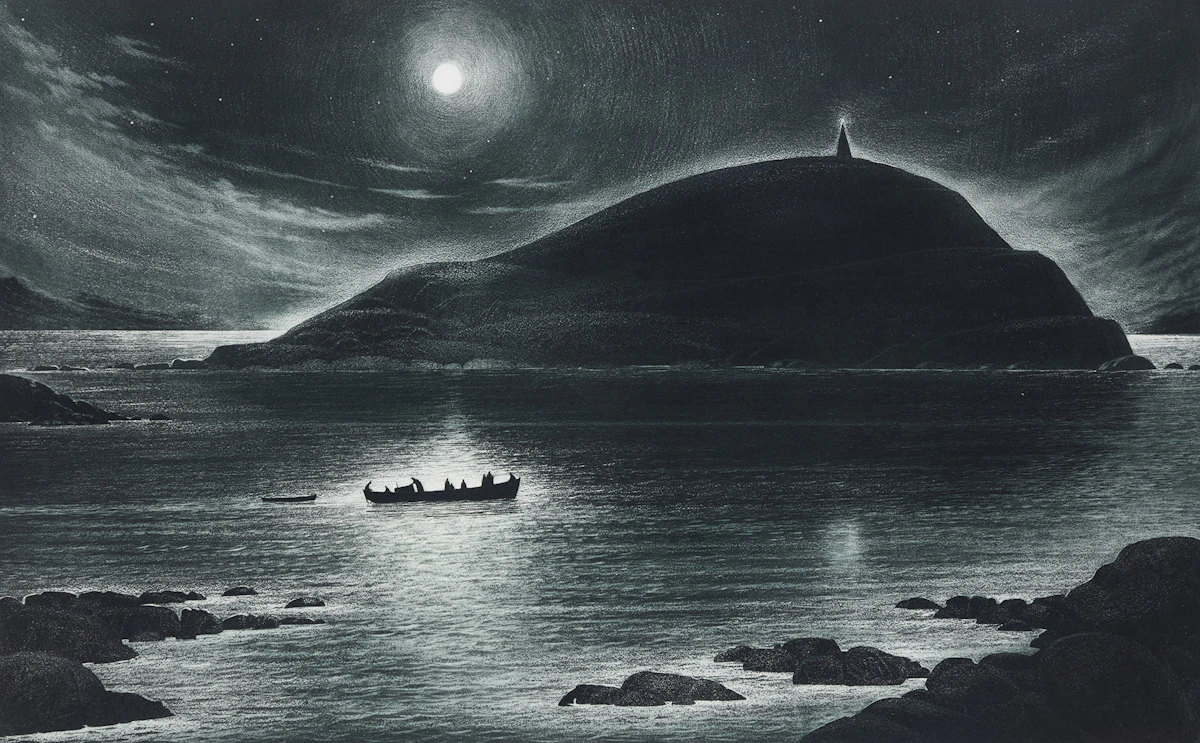 David Lloyd Blackwood, Wesleyville, Night Passage, Bennett's High Island, colour etching and aquatint, 1981