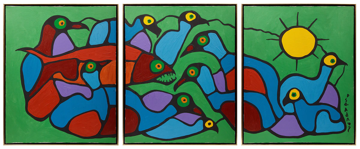 Norval Morrisseau, Feast of the Loons, three acrylics on canvas (triptych), 1975