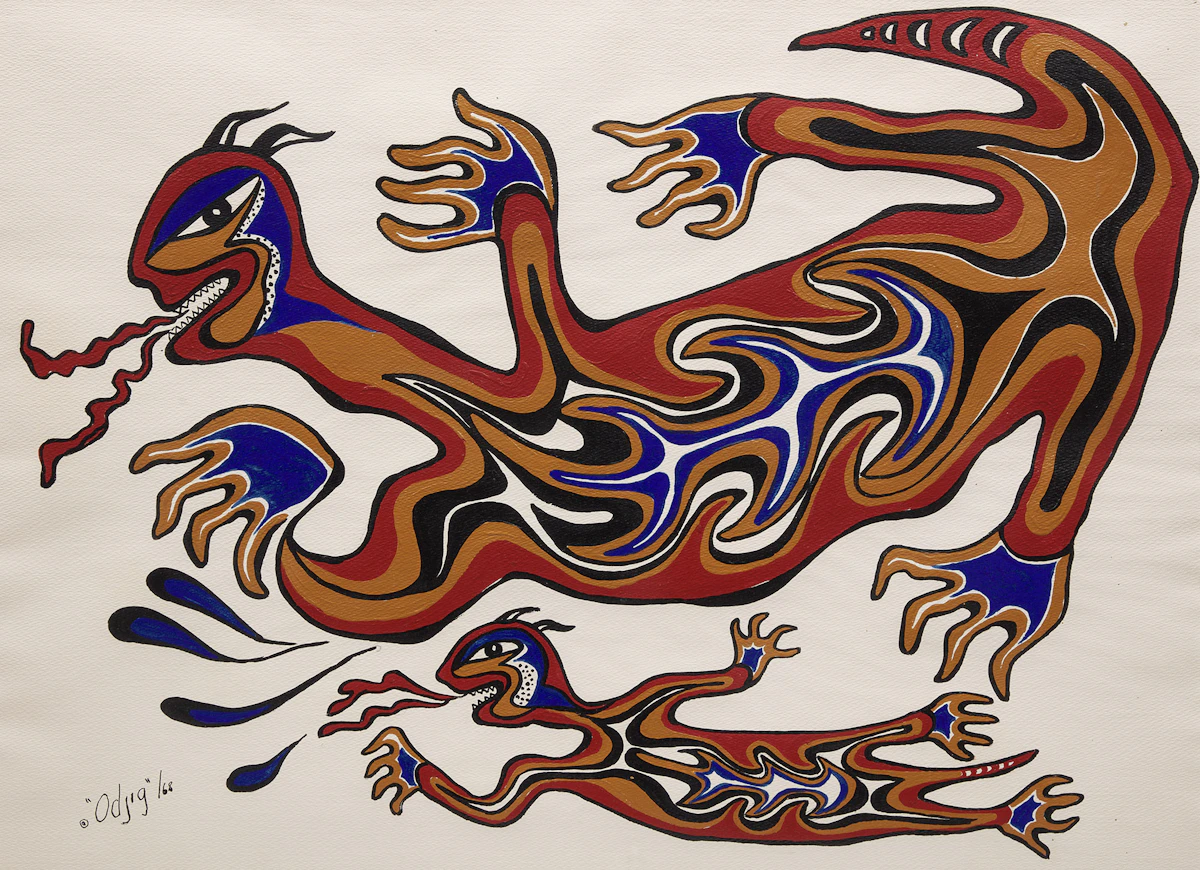 Daphne Odjig, Water Spirits, acrylic on paper, 1968