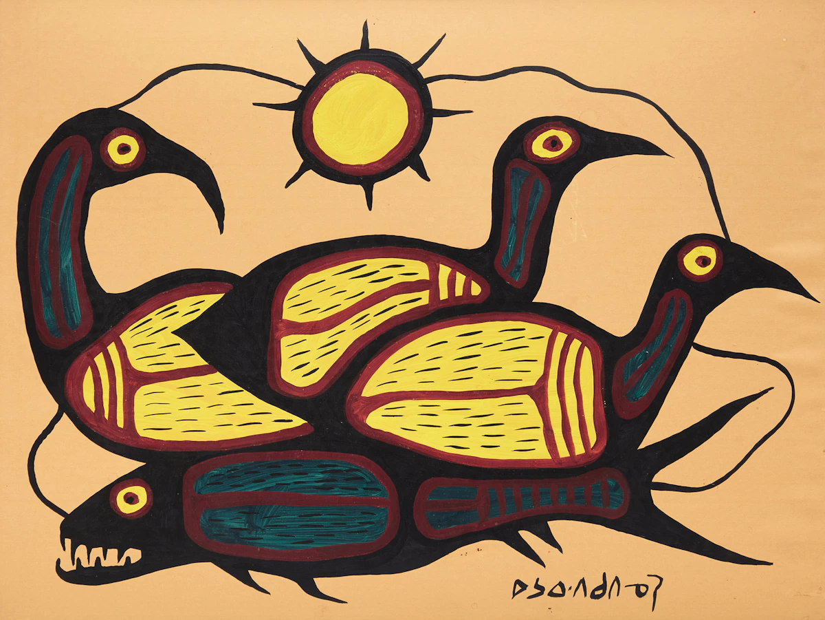 Norval Morrisseau, Three Loons and Fish, acrylic on kraft paper laid down on board, circa 1970