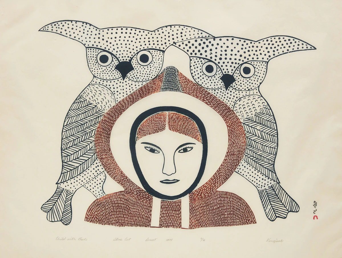 Kenojuak Ashevak, Child with Owls, colour stonecut, 1973