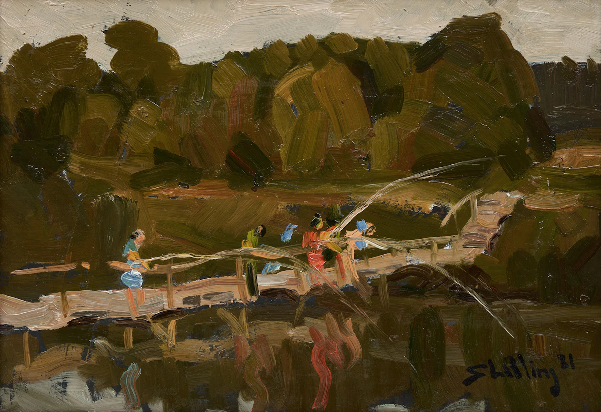 Arthur Shilling, Fishing on a Bridge, oil on board, 1981